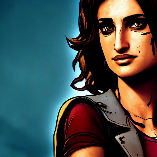 Image similar to penelope cruz portrait, borderlands, tales from the borderlands, the wolf among us, comic, cinematic lighting, studio quality, 8 k