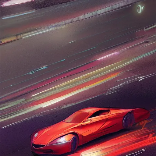 Prompt: a beautiful artwork of a car on a highway at night, by Jerome Opeña, featured on artstation
