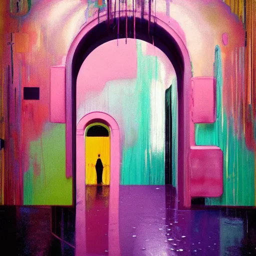 Image similar to 9 0 s interior with organic arched windows, rain like a dream, oil painting, volumetric lighting, cyberpunk, basquiat + francis bacon + gustav klimt + beeple, elevated street art, fantasy lut, textural, pink, blue, purple, green,