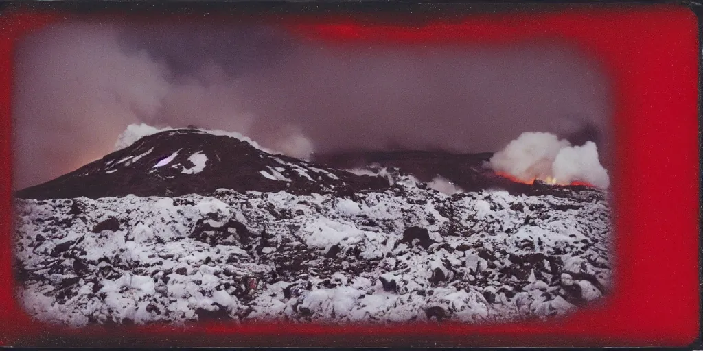 Image similar to polaroid photo of a vulcanic eruption in a snowy icy area, bright red lava, bright white snow and ice