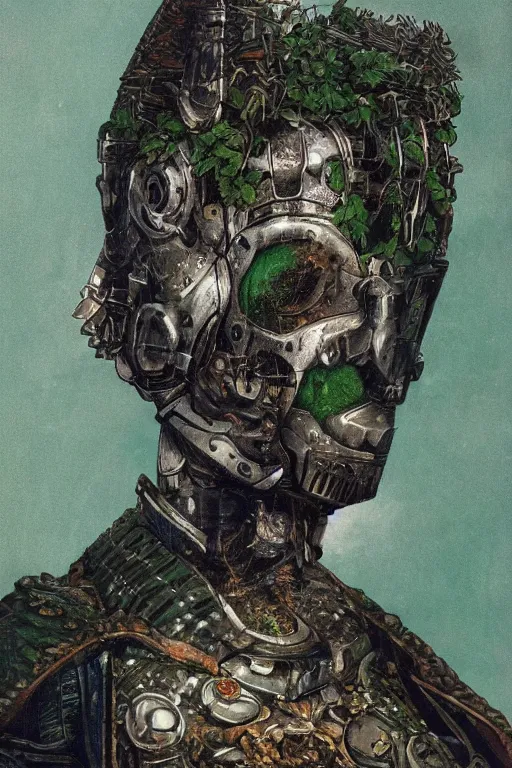 Image similar to portrait of beautiful young mainem, warhammer, japaneese style, cyber armor, a lot of more scars, more and more flowers, green head, the middle ages, highly detailed, artstation, illustration, art by rene magritte, 8 k quality