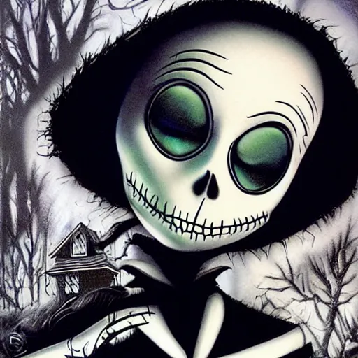 Prompt: macaulay culkin is jack skellington in a nightmare before christmas, airbrush art, drew struzan illustration art, key art, movie poster