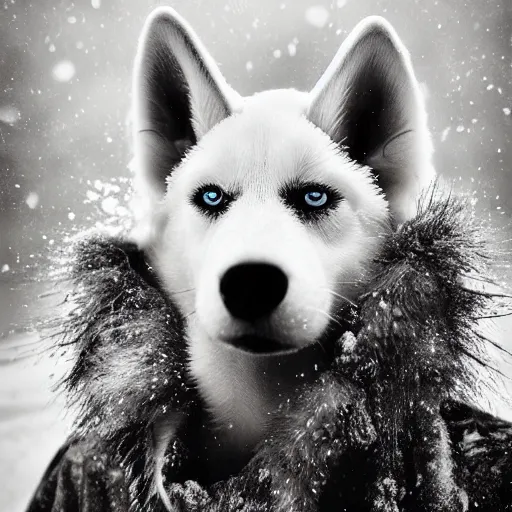 Prompt: Award Winning reportage White Husky dogs around Full-body Portrait of a Early-medieval weathered native Inuits in the snow with incredible hair and beautiful eyes wearing animal furs and traditional garb by Lee Jeffries, 85mm ND 4, perfect lighting, gelatin silver process