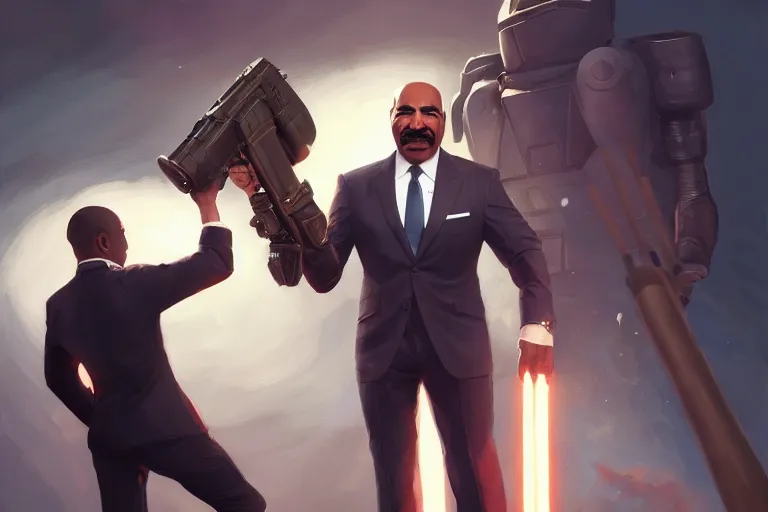 Prompt: portrait of steve harvey with a rocket launcher, attacking family fued, charlie bowater, artgerm, ilya kuvshinov, krenz cushart, ruan jia, realism, ultra detailed, 8 k resolution