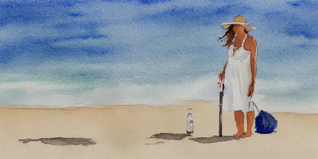 Prompt: a woman wearing a white dress, using a metal detector on a beach, watercolour realistic