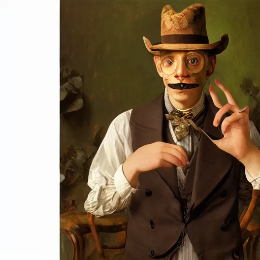 Prompt: anthropomorphic gentleman frog wearing a cravat and hand watches portrait in the museum, highly detailed, sharp focus, digital painting, artwork by Victor Adame Minguez + Yuumei + Tom Lovell + Sandro Botticelli