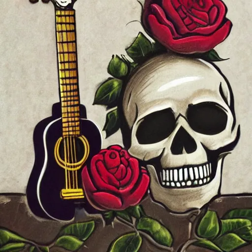 Image similar to skull and guitar and roses,