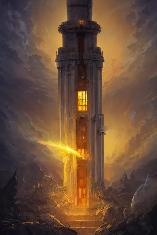 Image similar to Detailed Exterior Shot of Angelic Lighthouse of Alexandria, light of infinity, epic shafts, swarm of fireflies, magic atmosphere, in Style of Peter Mohrbacher, cinematic lighting