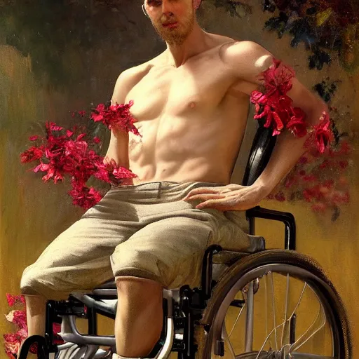 Image similar to handsome portrait of a wheelchair guy fitness posing, radiant light, caustics, war hero, one legged amputee, surrounded by hibiscus, by gaston bussiere, bayard wu, greg rutkowski, giger, maxim verehin