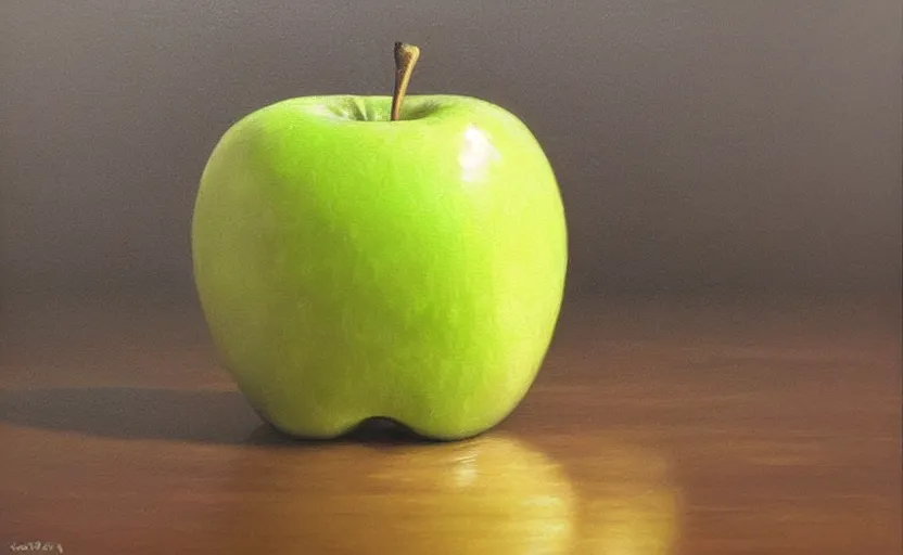 Prompt: a hyper-realistic oil painting of single!!!!!!! apple; hyper-detailed; an extraordinary masterpiece!!!; flawless; trending on artstation