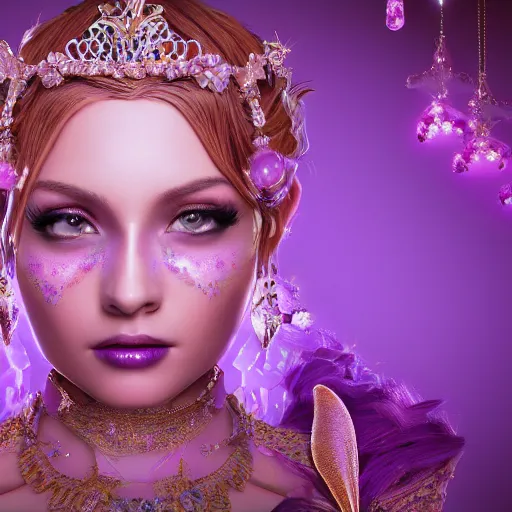 Image similar to portrait princess of amethyst, glowing, ornate and intricate purple jewelry, jaw dropping beauty, glowing background lighting, purple accent lighting, hyper detailed, fairy tale, 4 k octane render