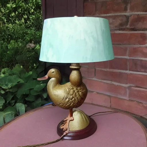 Image similar to lamp in the shape of a duck with a beautiful art nouveau lampshade