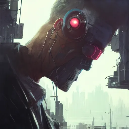 Image similar to closeup portrait of william dafoe, cyberpunk, ex military guy, city background, dramatic light, gorgeous view, depth, high detail, digital art, painted by greg rutkowski and seb mckinnon, neuromancer, trending on artstation