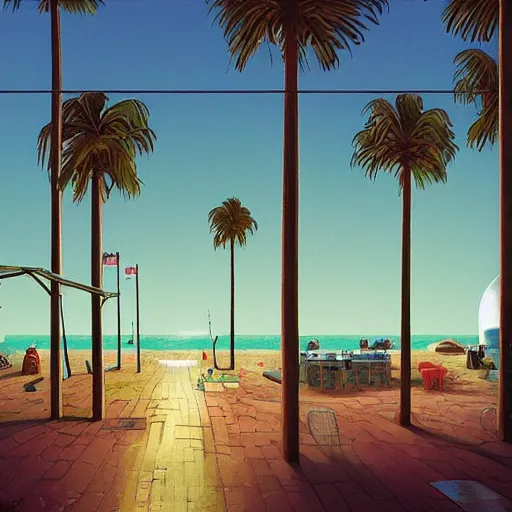 Prompt: inside diner at the beach with palm trees by simon stalenhag