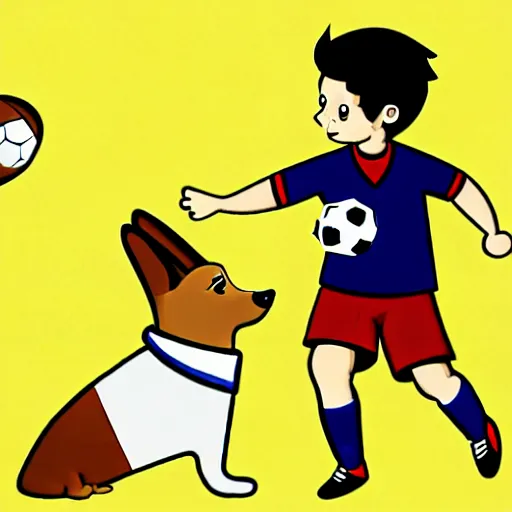 Image similar to illustration of french boy playing football with a corgi wearing a polka dot scarf in paris