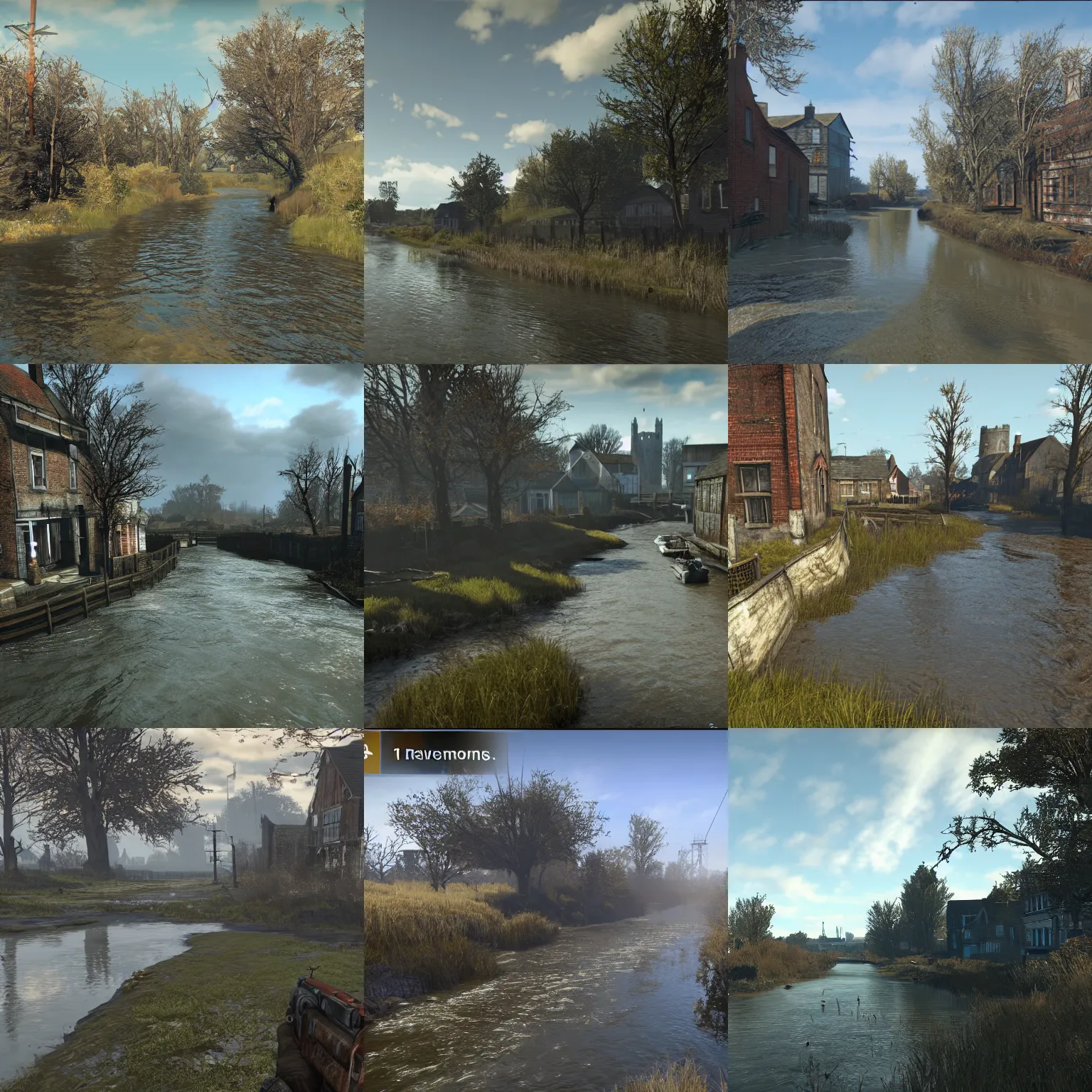 Prompt: river stour in canterbury, screenshot from'fallout 4'