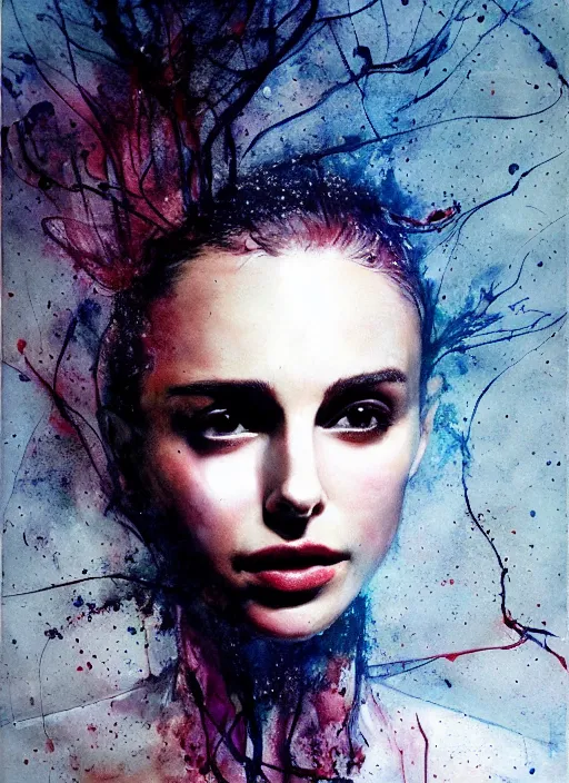 Prompt: nathalie portman by agnes cecile, ink drops, autumn lights