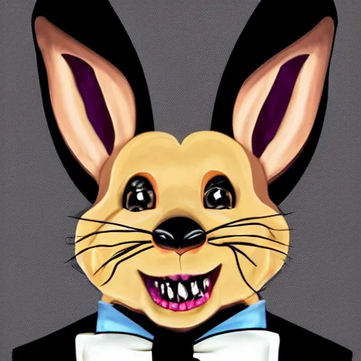 Image similar to A extremely highly detailed majestic hi-res beautiful, highly detailed head and shoulders portrait of a scary terrifying, horrifying, creepy black cartoon rabbit with a bowtie and scary big eyes, earing a shirt laughing, hey buddy, let's be friends, in the style of Walt Disney