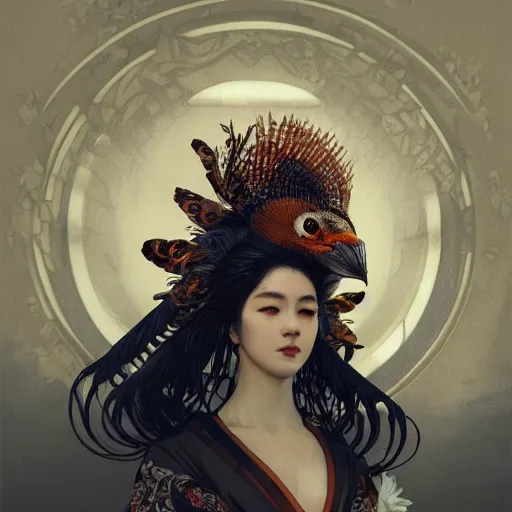 Image similar to a photorealistic dramatic fantasy render of a beautiful woman wearing a beautiful intricately detailed japanese crow kitsune mask and clasical japanese kimono by wlop, artgerm, greg rutkowski, alphonse mucha, beautiful dynamic dramatic dark moody lighting, shadows, cinematic atmosphere, artstation, concept design art, octane render, 8 k