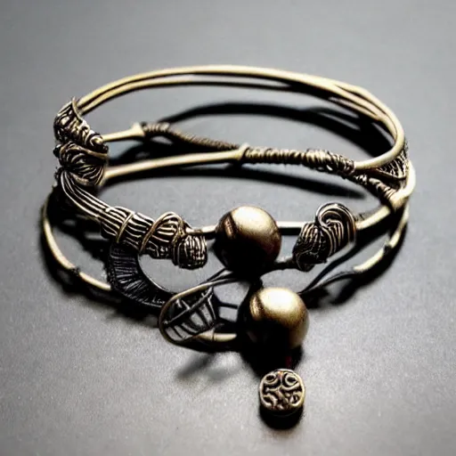 Prompt: poseidon cultists bangle, bronze wire, intricate poseidon style, ancient mediterranean jewelry, fine craftsmanship