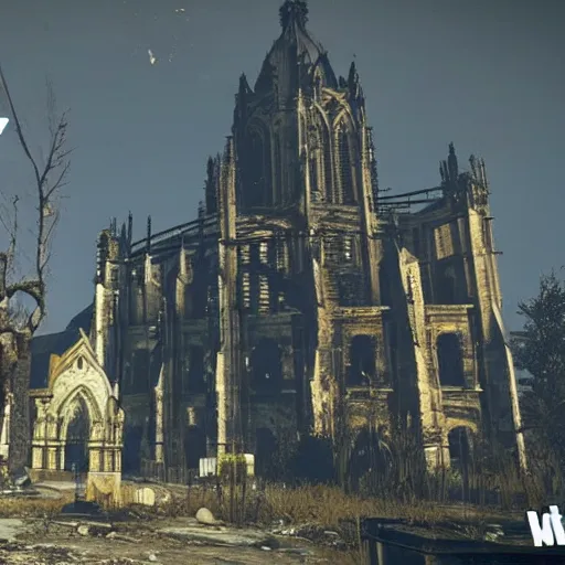 Prompt: Aachen Cathedral in ruins post-nuclear war in Fallout 4, in game screenshot