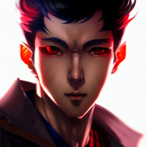 Image similar to anime portrait of a slick black hair guy with red eyes by stanley artgerm lau, wlop, rossdraws, james jean, andrei riabovitchev, marc simonetti, and sakimichan, trending on artstation