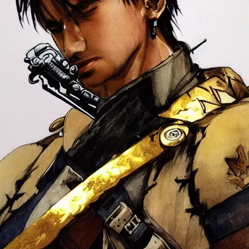 Image similar to portrait of a hero holding his sword in front of his face by yoji shinkawa, high quality, extra details, realism, ornate, colored, golden chain, blood, white skin, short hair, brown eyes, vivid, sunlight, dynamic, american man, freedom, white american soldier, pencil, twins