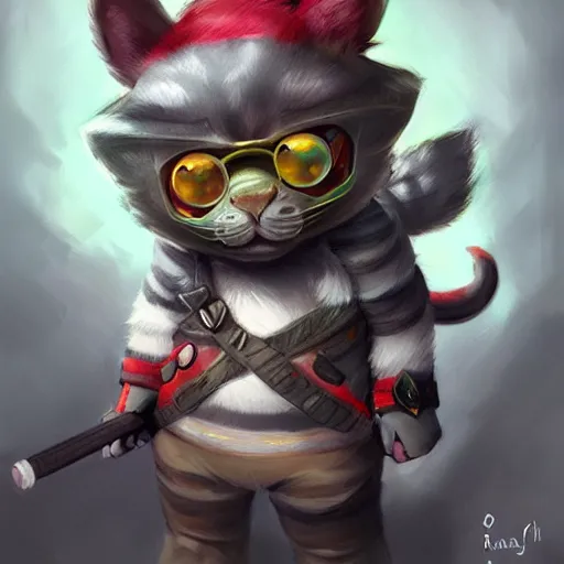 Image similar to portrait of a grey american shorthair cat as teemo from league of legends, digital painting, artwork by ross tran + ramond swanland + liam wong