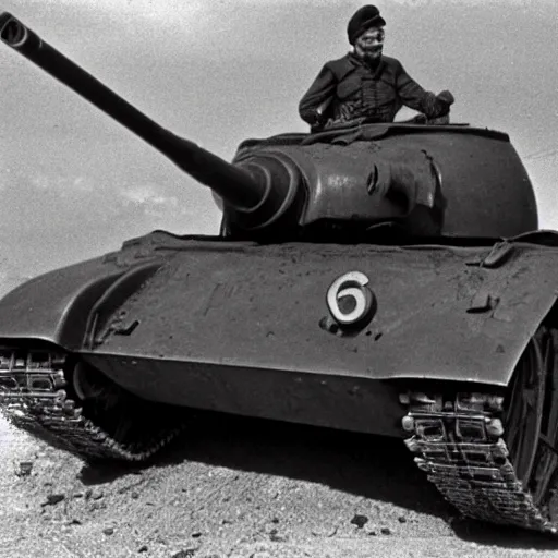 Image similar to historical photograph of a soviet t - 3 4 - 8 5 tank, taken in 1 9 5 0, black and white, soldiers smiling