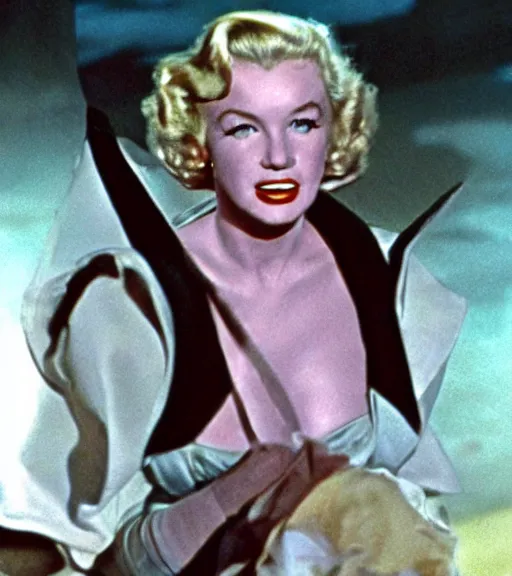 Image similar to a movie still of marlin monroe as princess leigha in the movie star wars