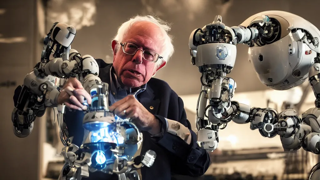 Prompt: bernie sanders putting the finishing touches on a ( ( cute ) ) clockwork doomsday robot, cinematic moody lighting, sharp focus, imax