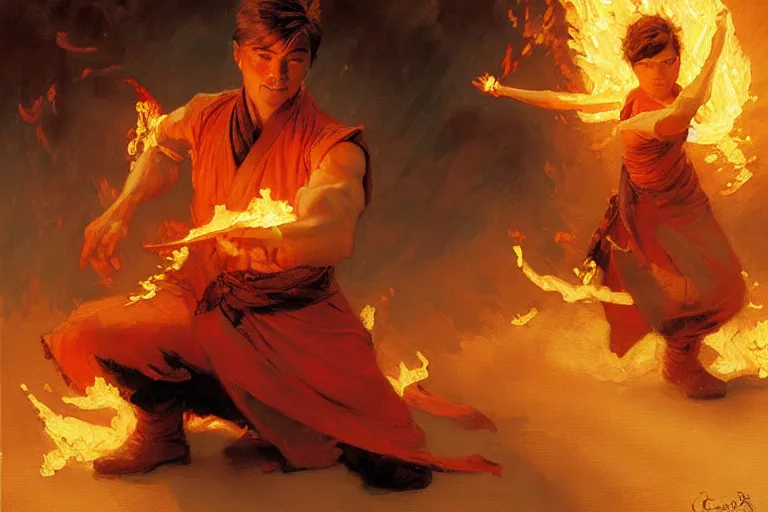 Image similar to fire bender, painting by gaston bussiere, craig mullins, j. c. leyendecker