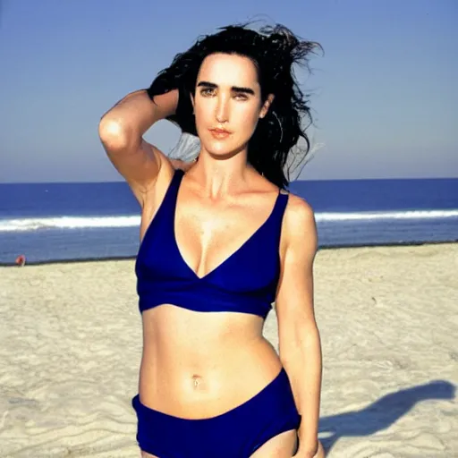 Image similar to Portrait Photography, medium closeup of young jennifer connelly poses in 2 Piece Mini Micro Push Up Swimsuits at summer beach, confident pose, fierce expression at sunset