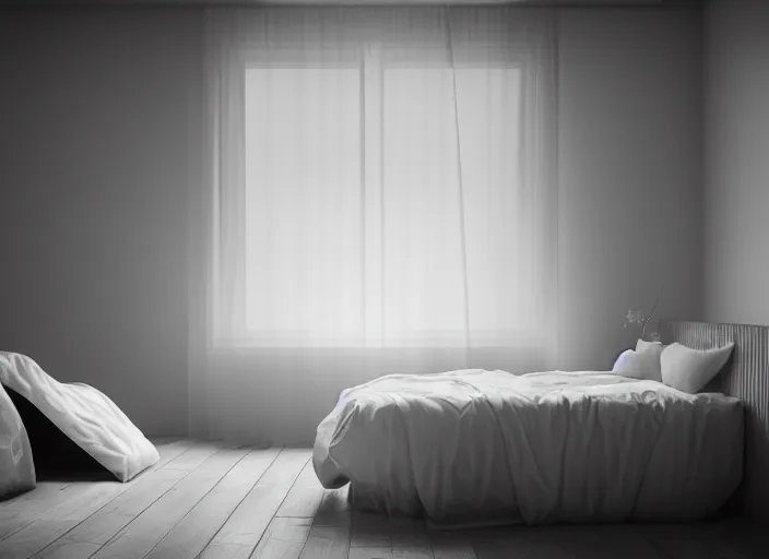 Image similar to photography of a Jack Russel watching outside the window on a bed in a 3d rendered white room, octane render, 3d, foggy, volumetric light, volumetric fog, photorealistic, unreal engine 5