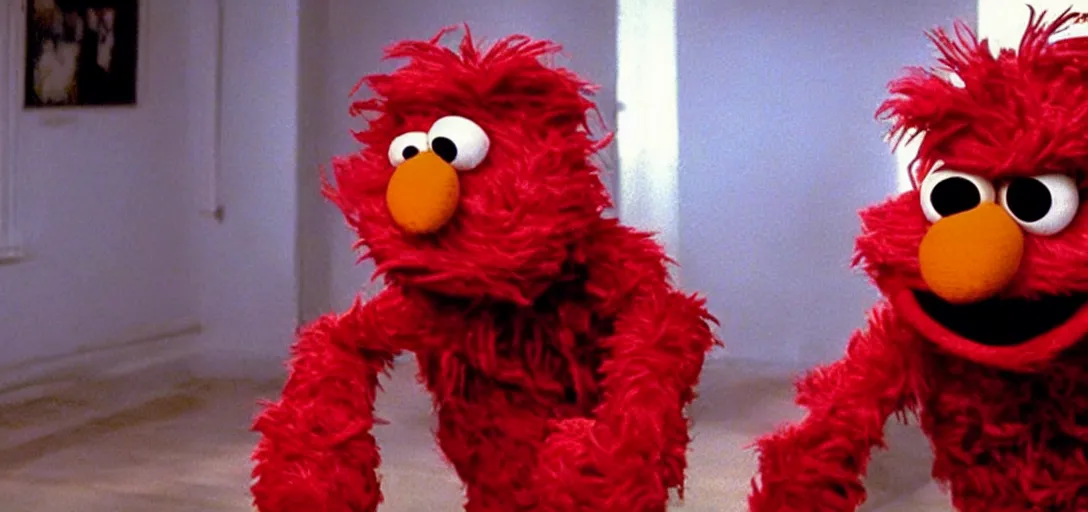 Image similar to still of drug - addicted elmo in requiem for a dream ( 2 0 0 0 ), cinematography by emmanuel lubezki, sesame street puppets, gritty, visceral