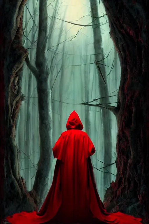 Image similar to hyperrealistic mixed media painting of beautiful Red Riding Hood, pale skin, full body, crimson robe, shadowy wolf figure looming overhead in background, stunning 3d render inspired art by P. Craig Russell and Barry Windsor-Smith + perfect facial symmetry + dim volumetric lighting, 8k octane beautifully detailed render, post-processing, extremely hyperdetailed, intricate, epic composition, grim yet sparkling atmosphere, cinematic lighting + masterpiece, trending on artstation, very very detailed, masterpiece, stunning