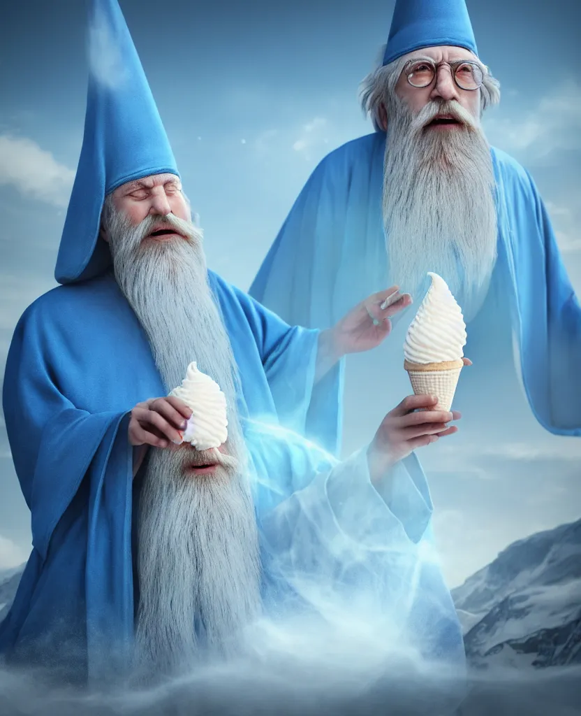 Image similar to hyper realistic matte painting of an ancient wizard in blue robes with a long white beard as he is resting inside of a giant empty ice cream cone, the wizard is looking out from the top, extremely detailed, photorealistic, octane render, 4 k, 8 k