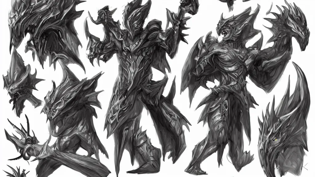 Image similar to concept art, chatacter sheet, dragon-shaped human, full color, warrior, spear, white and black clothes, trending on artstation