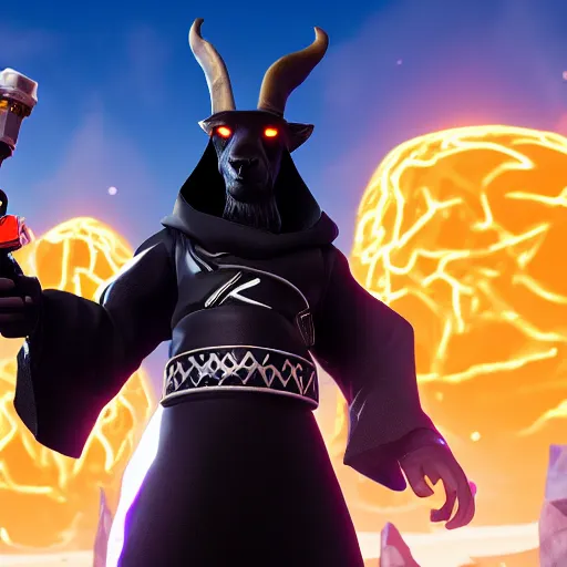 Image similar to an anthropomorphic black goat wizard in fortnite, black wizard robes, holding a gun, 3 d unreal engine render