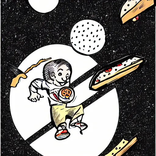 Prompt: an old comic book style drawing of a little boy flying through space eating pizza and cheese, where the planets are candy, hd, trending on artstation