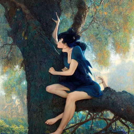 Image similar to portrait of a strong woman resting on a large tree, short black hair, thoughtful experssion, minimal dark blue clothing, sharp focus, ultra realistic digital painting, colorful, backlit, high fantasy, intricate, highly detailed, smooth, elegant, gaston bussiere, bayard wu, greg rutkowski