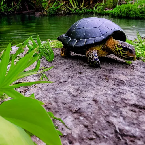 Prompt: lush deserted island on a turtle back escaping a volcano