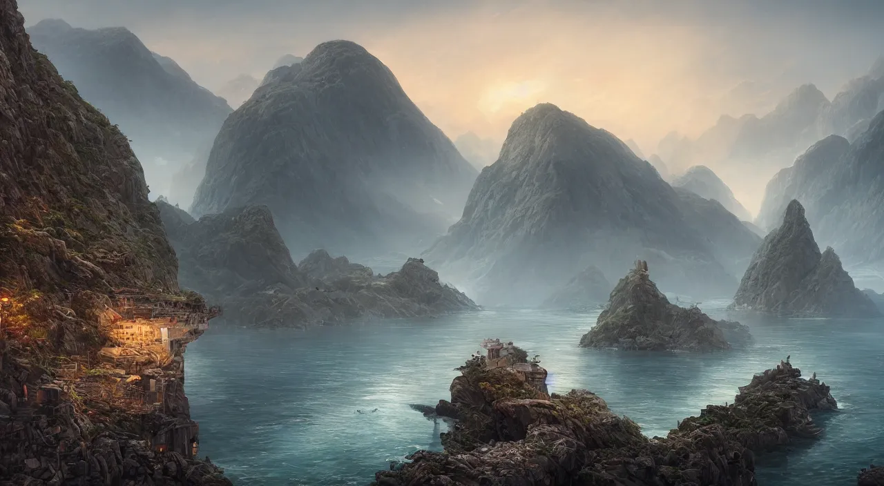 Image similar to hyper realistic detailed matte painting of fiord with one tower ruins, calm foggy sea in the background, sunset lighting, hyperdetailed unreal engine 8 k ultra hd, stanley artgerm lau, rossdraws, james jean marc simonetti ruan jia and mandy jurgens and artgerm and william illustration, digital art, concept art