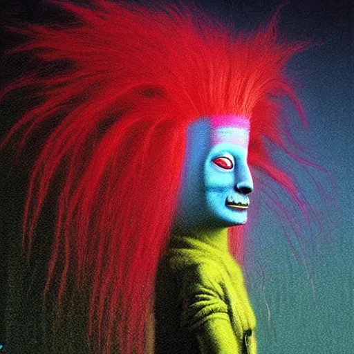 Prompt: rainbow troll doll by beksinski, banksy and tristan eaton, dark neon trimmed beautiful dystopian digital art