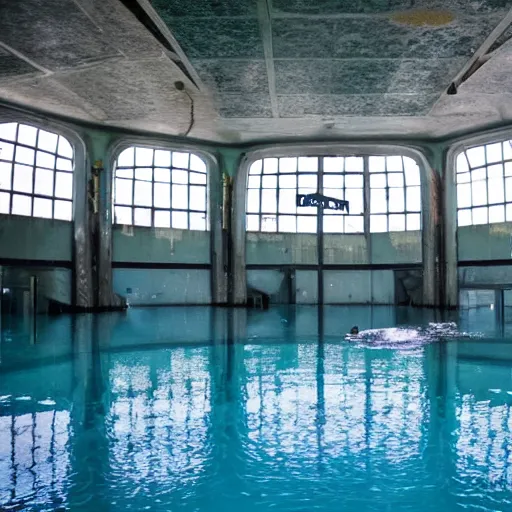 Prompt: an indoors waterpark. creepy, flooded, empty, dark abandoned.