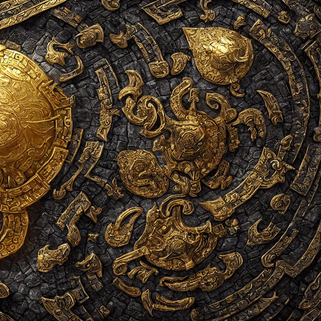 Prompt: ornate and detailed round battle shield made of lava rock, focused shot, gold and obsidian colors, dungeons and dragons themed, 4 k octane digital render, unreal engine 5, styled by greg rutkowski and android jones, extreme levels of detail