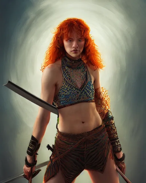 Prompt: female warrior with katana wearing patterned halter top, perfect face, ginger hair, abs, cinematic, stunning, cute, adorable, athletic, strong, agile, highly detailed, psychedelic, digital painting, artstation, smooth, hard focus, illustration, art by jessica rossier and and brian froud