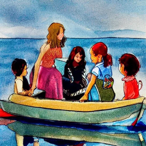 Image similar to The drawing depicts a group of well-dressed women and children enjoying a leisurely boat ride on a calm day. The women are chatting and laughing while the children play with a toy boat in the foreground. by Dustin Nguyen, by William Wray delicate