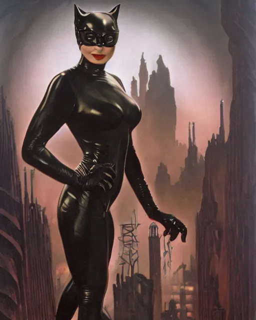 Image similar to a woman dressed in a catwoman costume, a matte painting hans larwin and rudolf sieber lonati and gilbert williams, cgsociety, transgressive art, darksynth, synthwave, reimagined by industrial light and magic