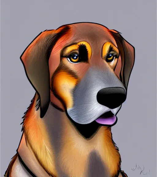 Image similar to plott hound german shepard mix dog full color digital illustration in the style of don bluth, artgerm, artstation trending, 4 k